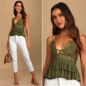 NWT Free People Adella Cami Lace Ruffled Tank Top S Olive Green Moss Boho
